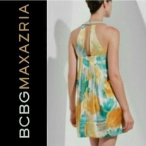 NWT BCBGMAXAZRIA SILK DRESS MINI YELLOW TEAL JEWELED COCKTAIL EVENING WOMEN L